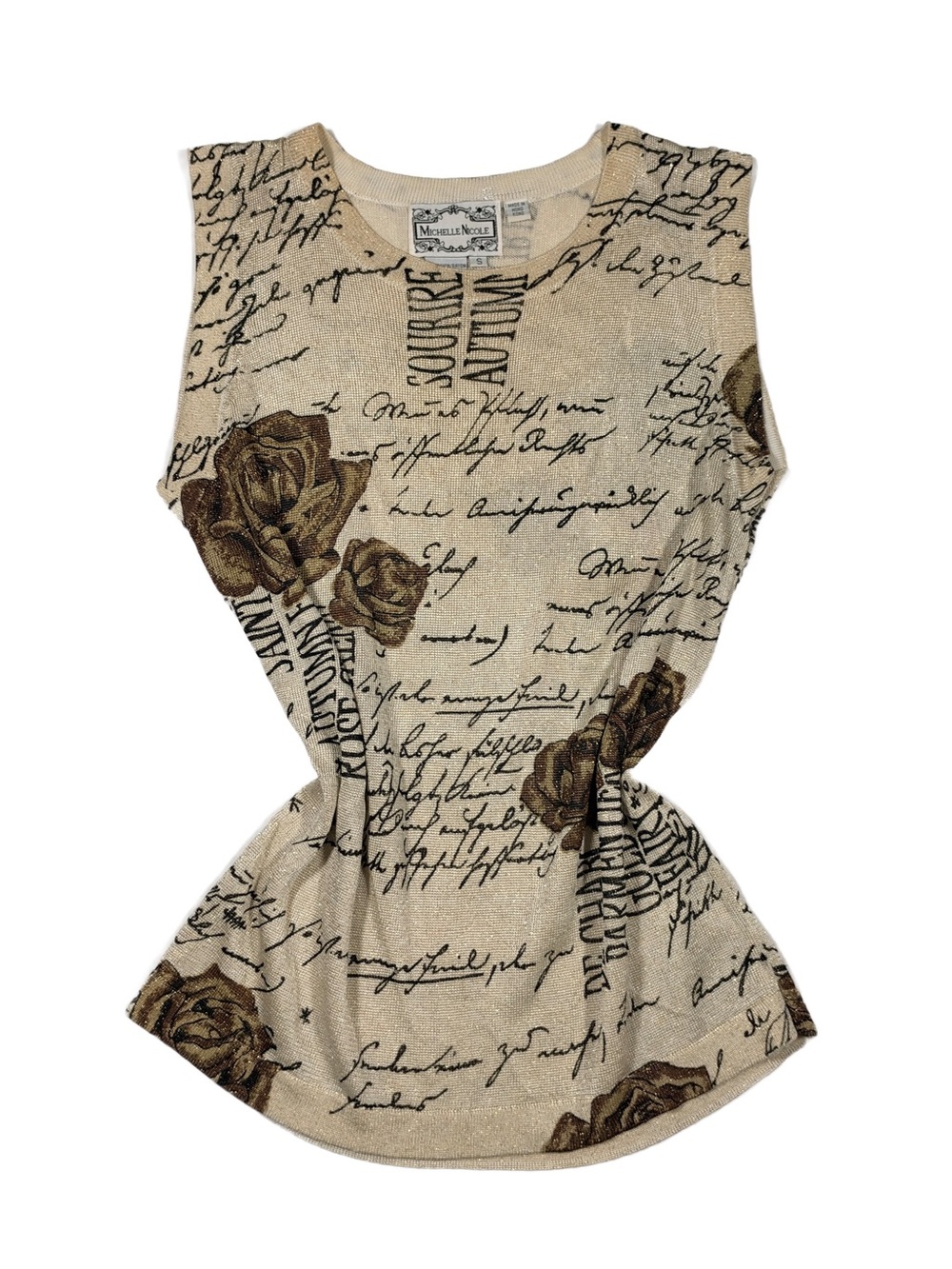 90s Vintage Michelle Nicole Beige Script & Rose Print Sleeveless Tank